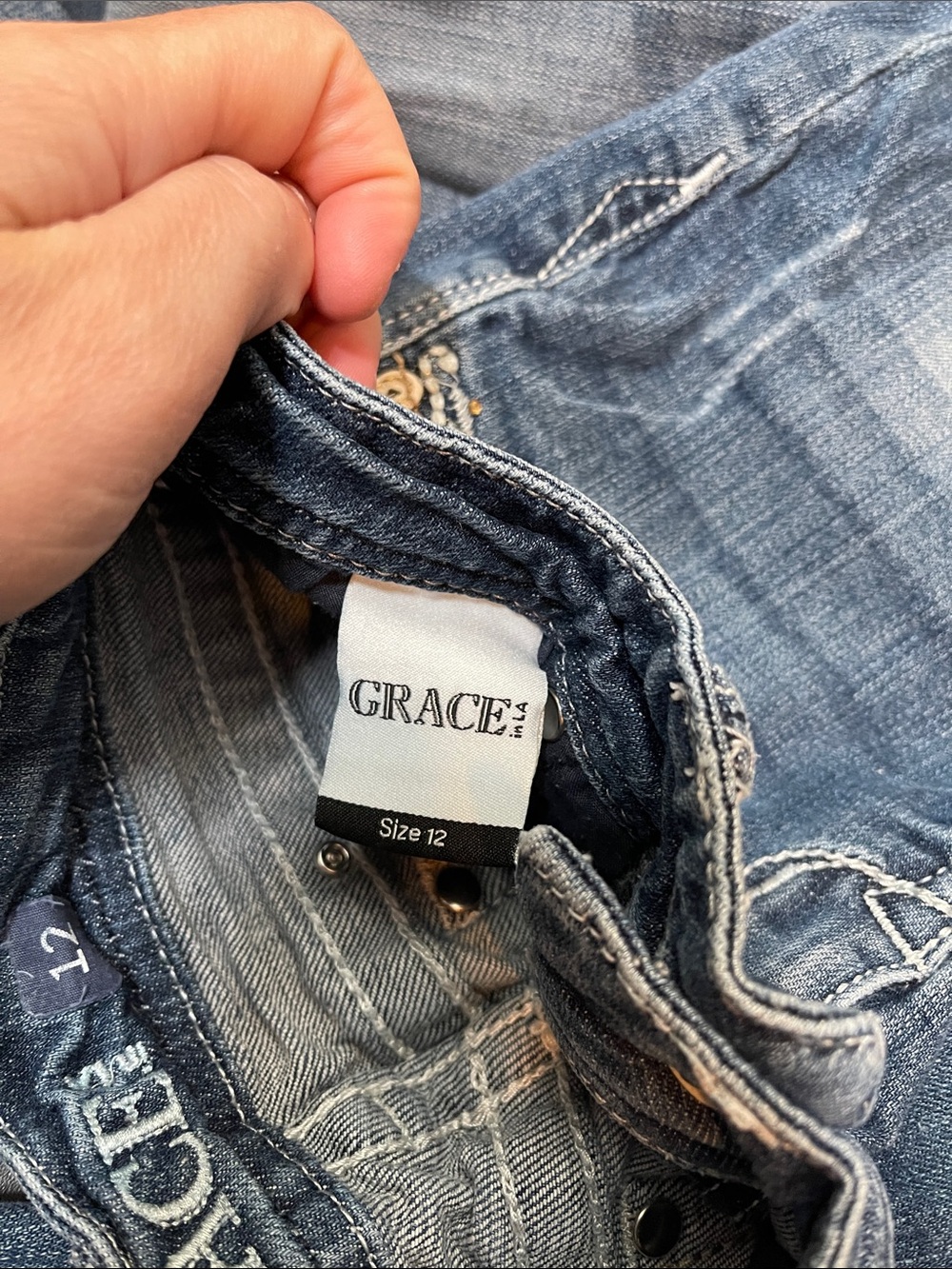 Grace in LA Blue Embroidered Flare Jeans with Rhinestone Cross Pockets - Picture 9 of 10